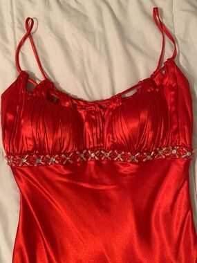 Red Satin Midi Dress with Beaded Waist